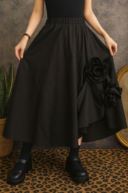 Midnight Bloom Skirt – One Size Black Asymmetric Rose Detail