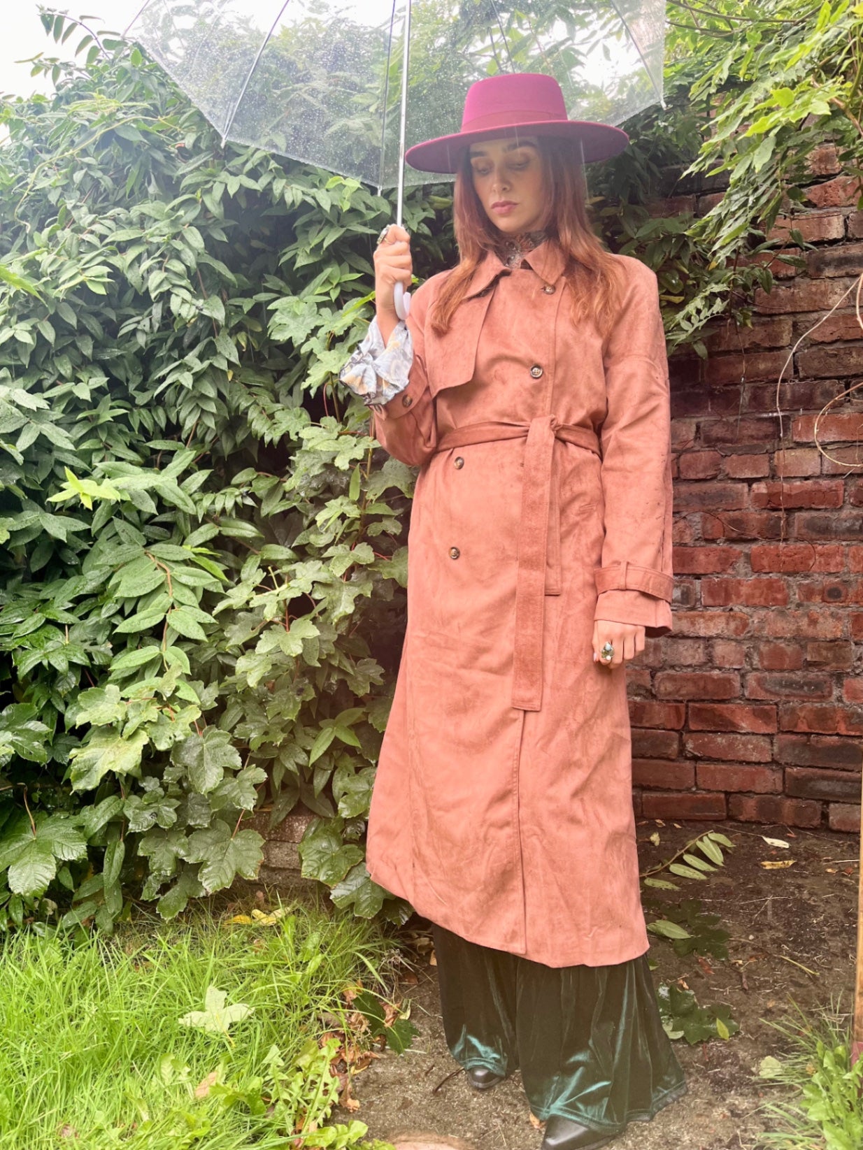 Dusky Rose Suedette Trench Coat 🌙 Size 16  Boho Luxe Longline