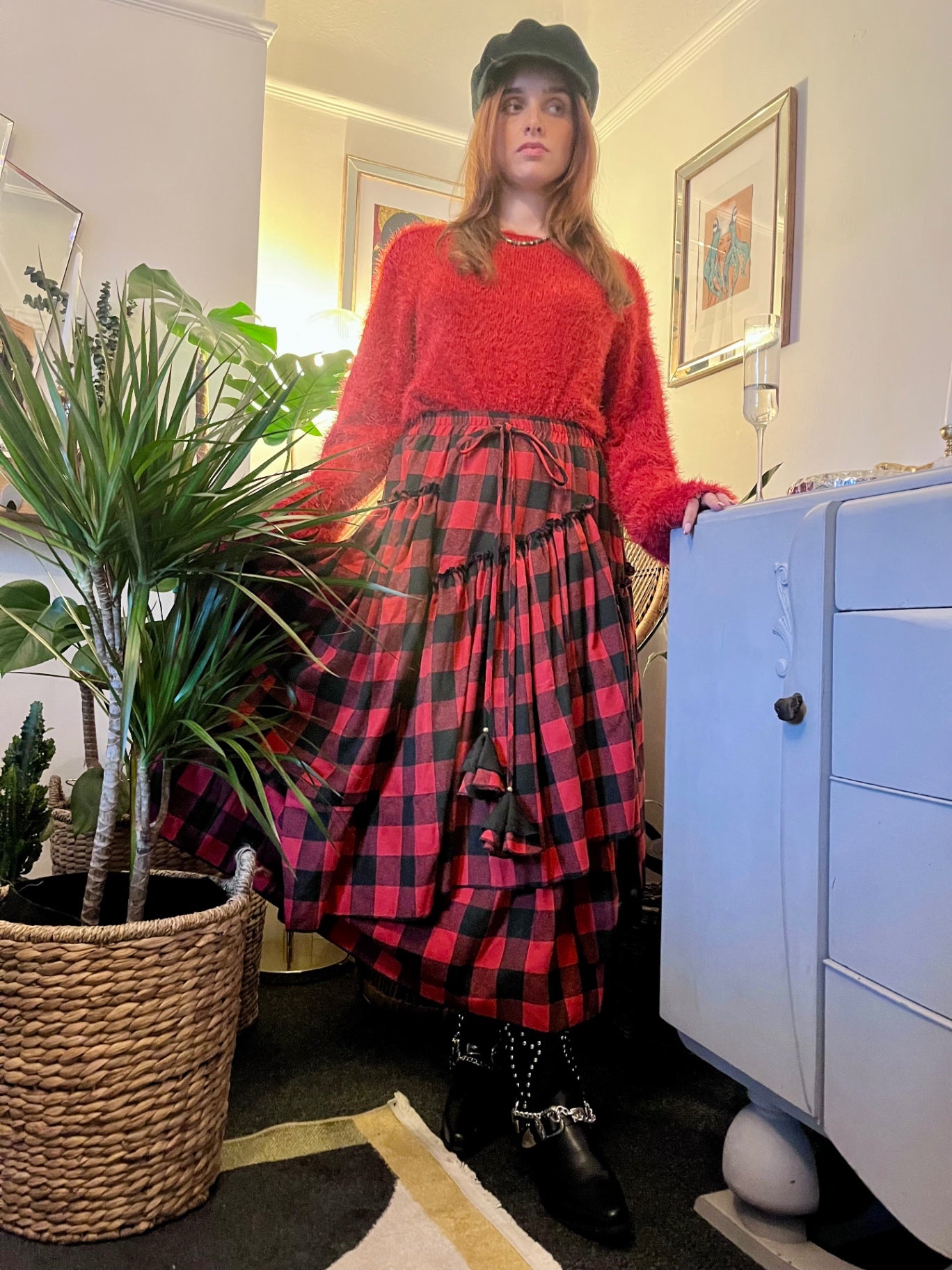 Scarlet Spell Tiered Maxi Skirt 🖤 Red & Black Check Size 10