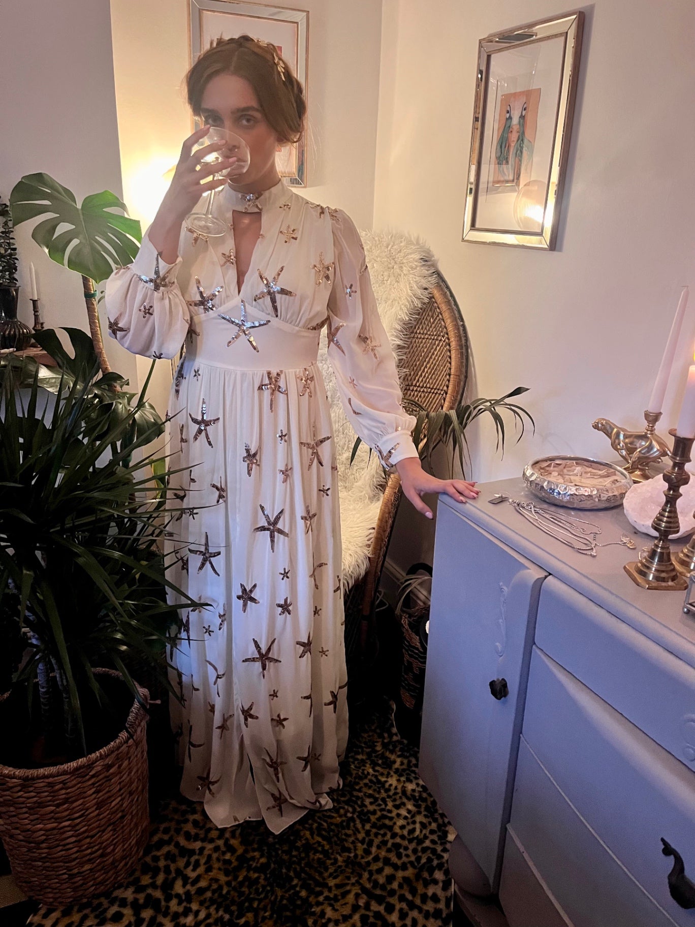Celestial Sea Star Gown ✨  Size 8 Ivory  & Gold Sequin Maxi Dress