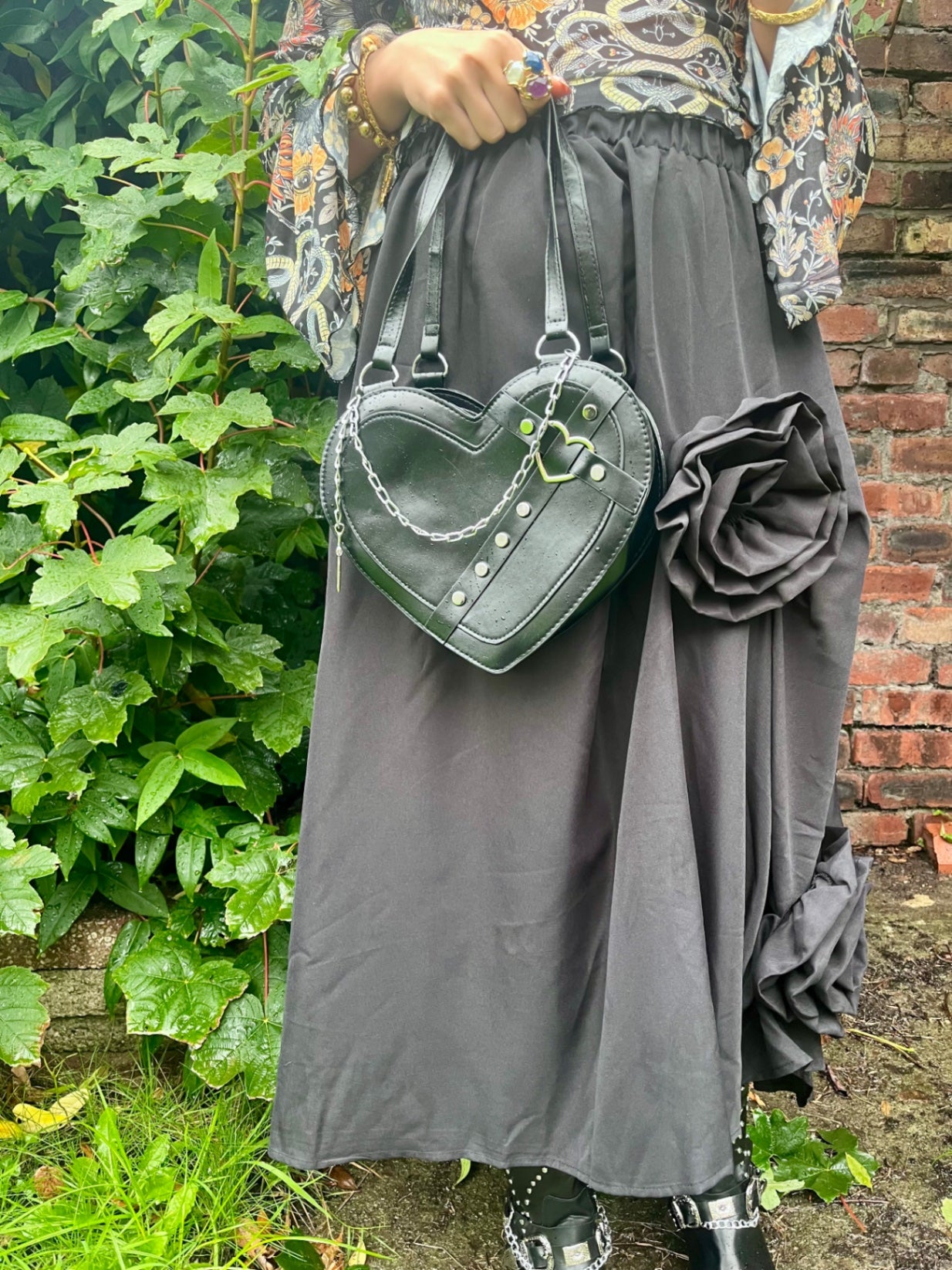 Midnight Bloom Skirt – One Size Black Asymmetric Rose Detail