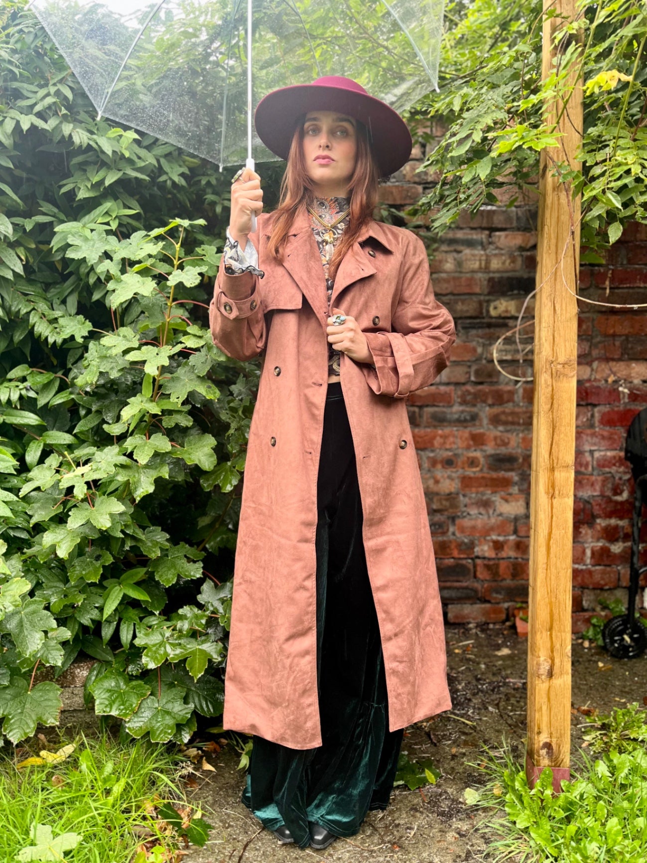 Dusky Rose Suedette Trench Coat 🌙 Size 16  Boho Luxe Longline