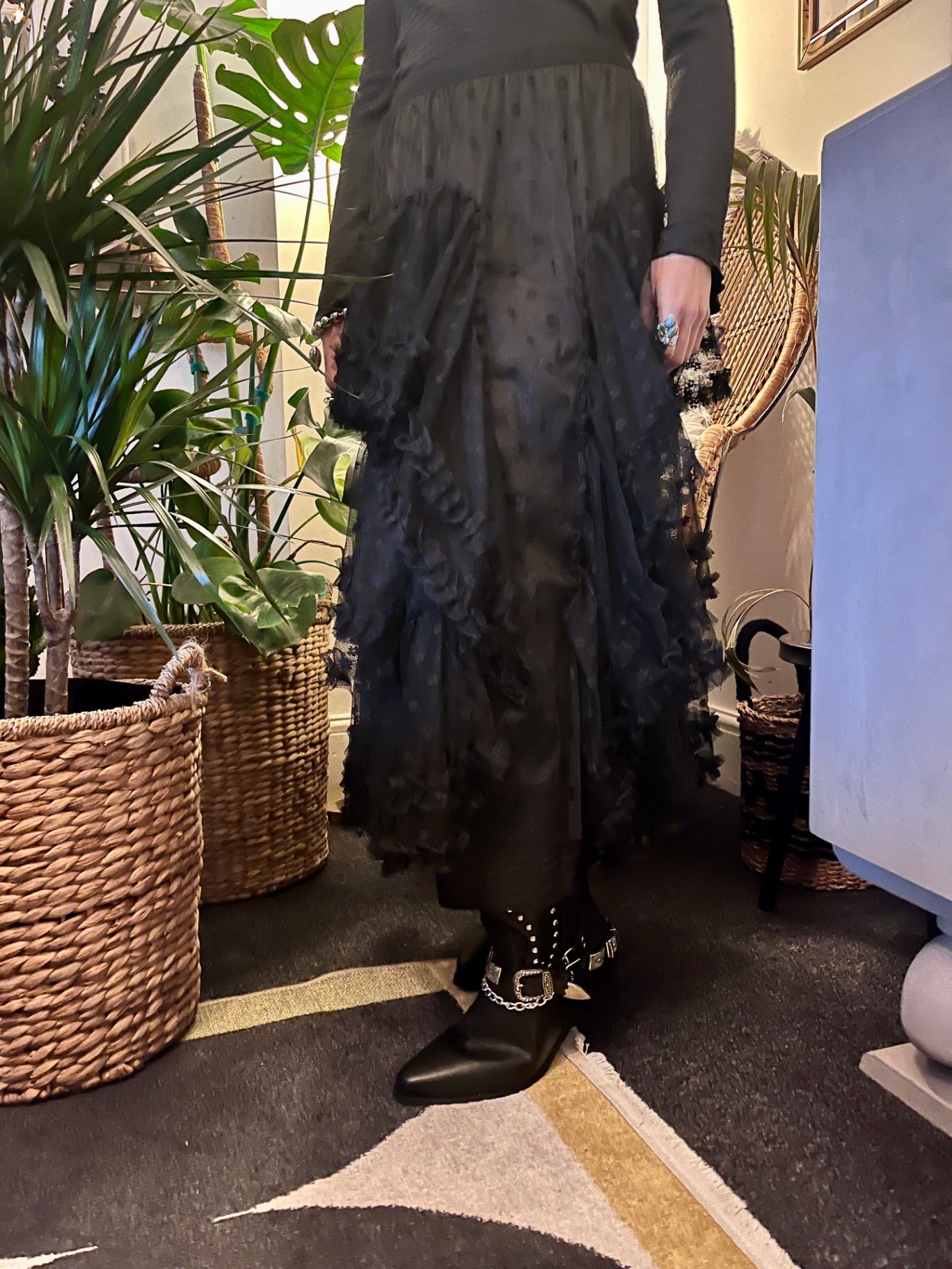 Luna Noir Tiered Tulle Maxi Skirt 🌙 Black Spot Mesh Size L