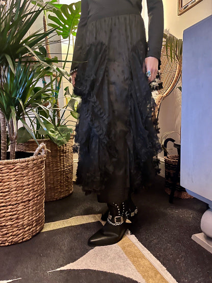 Luna Noir Tiered Tulle Maxi Skirt 🌙 Black Spot Mesh Size L