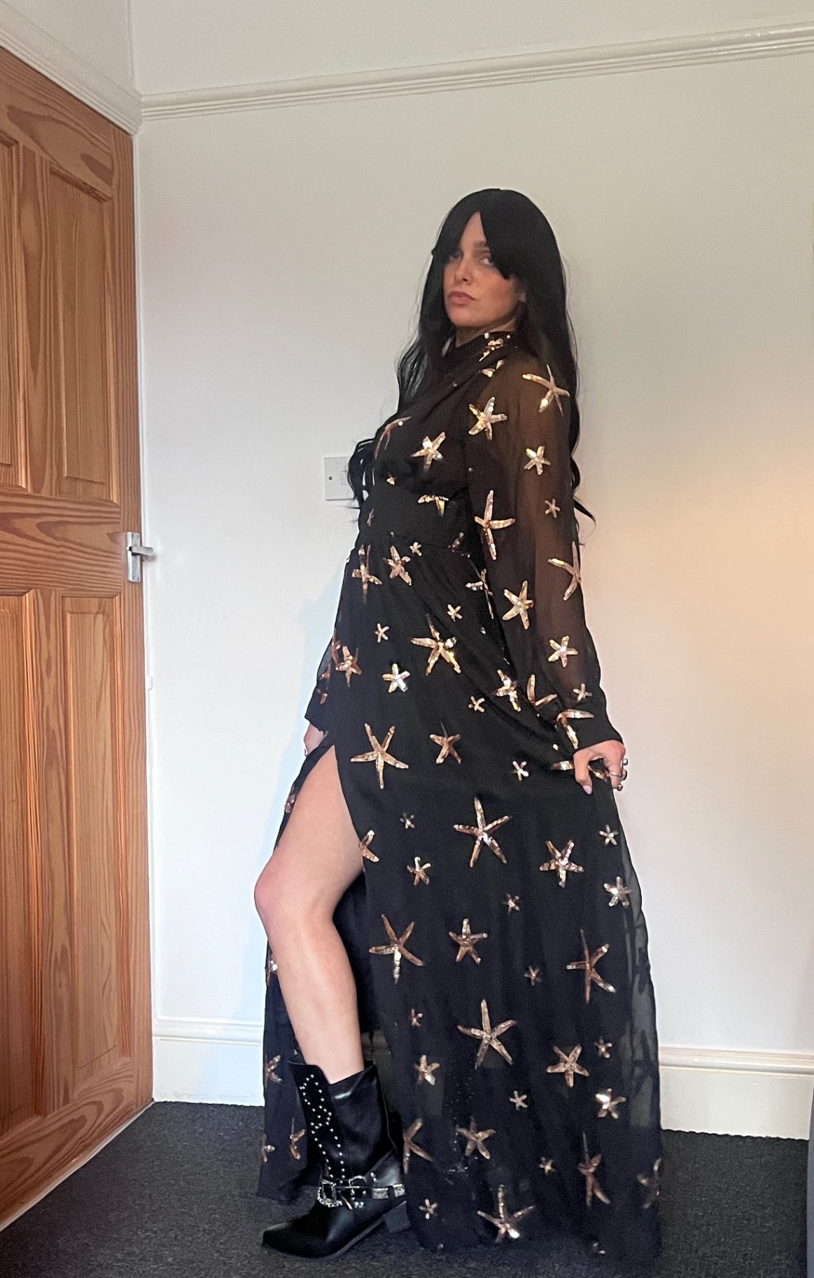 Midnight Sea Star Gown ✨ Black & Bronze Sequin MaxiSize 16 Dress