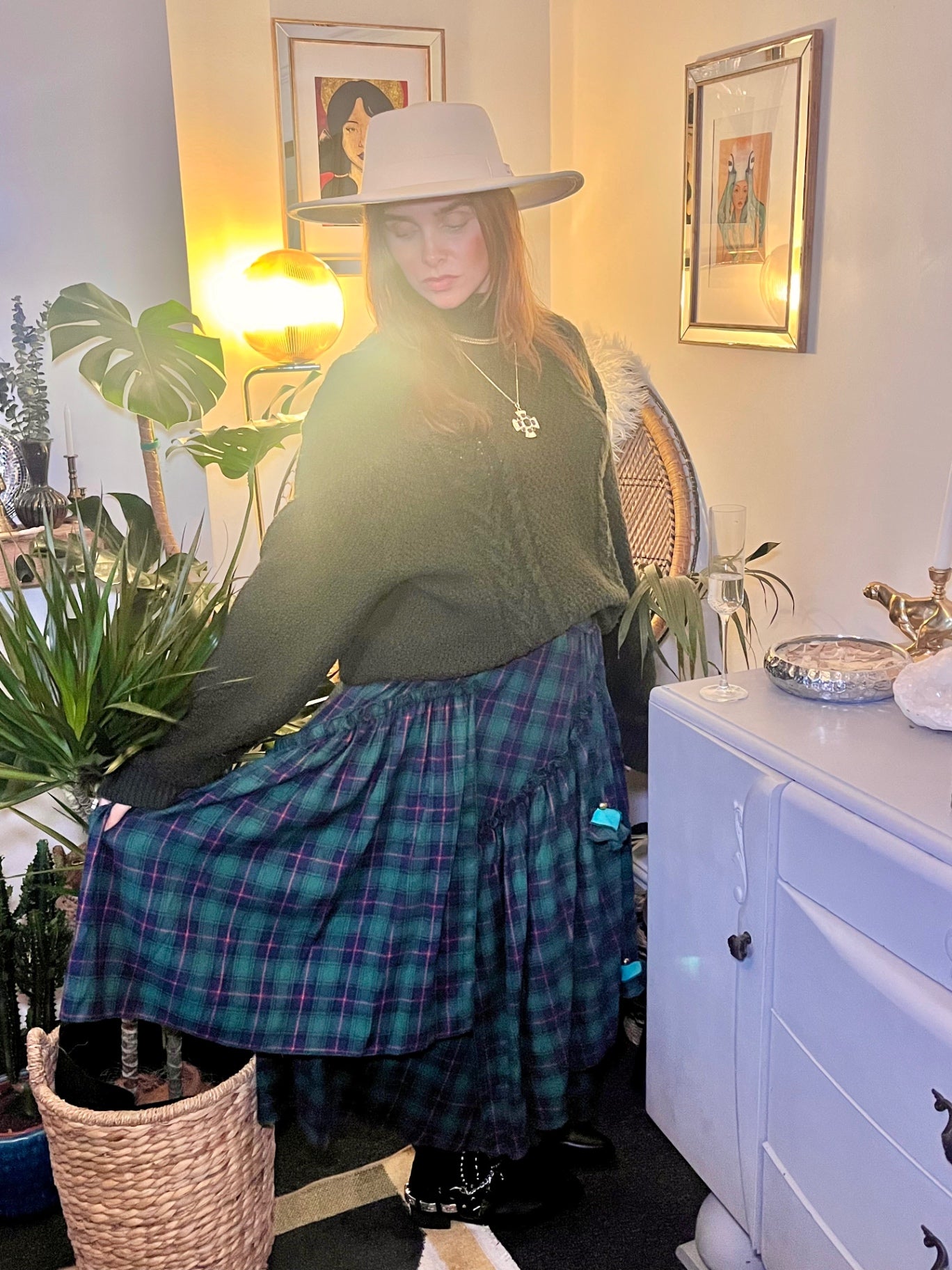 Forest Flame Tartan Maxi Skirt 🌙 Size 14 Green & Red Check