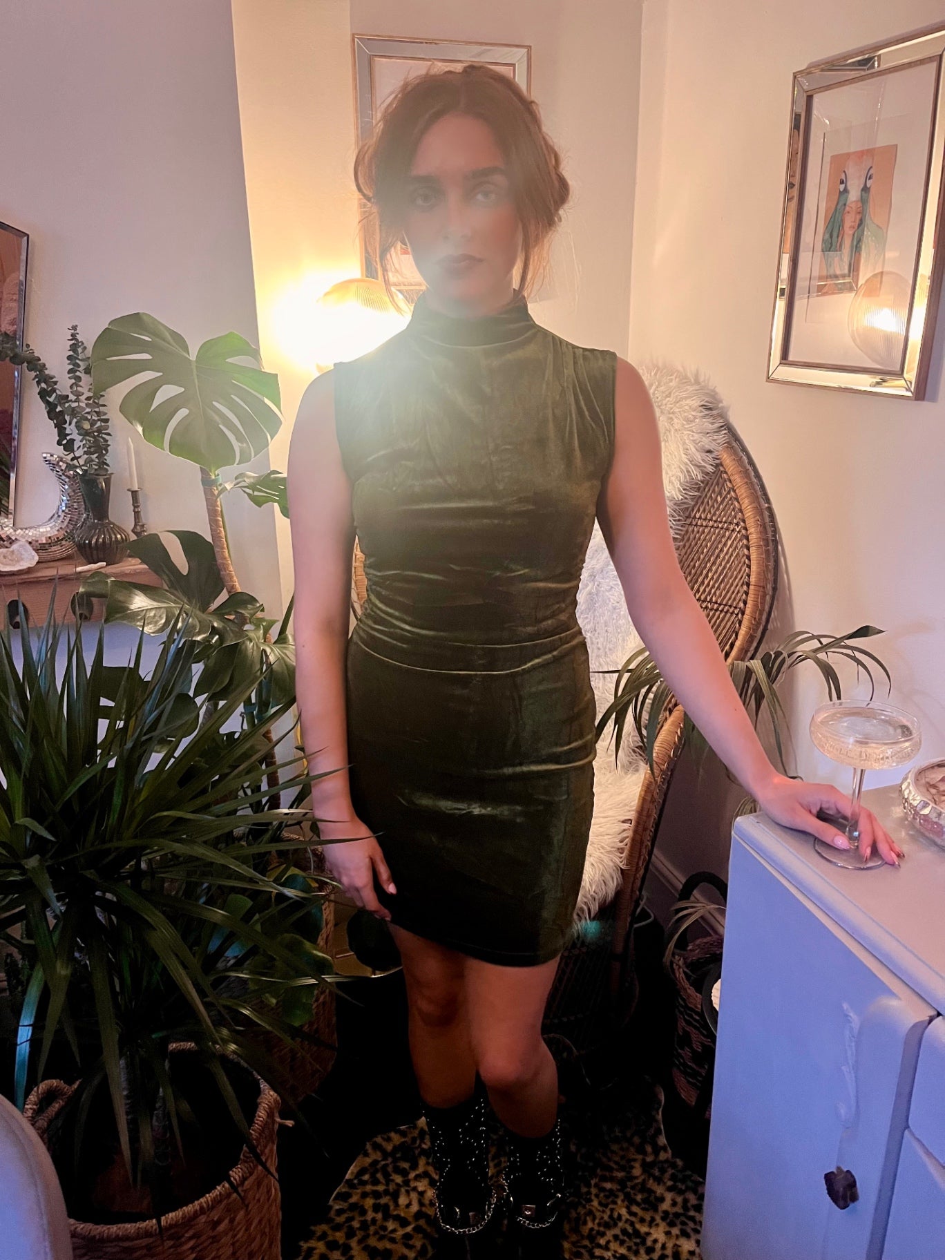 Olive Velvet Moonlight Mini Dress Size M