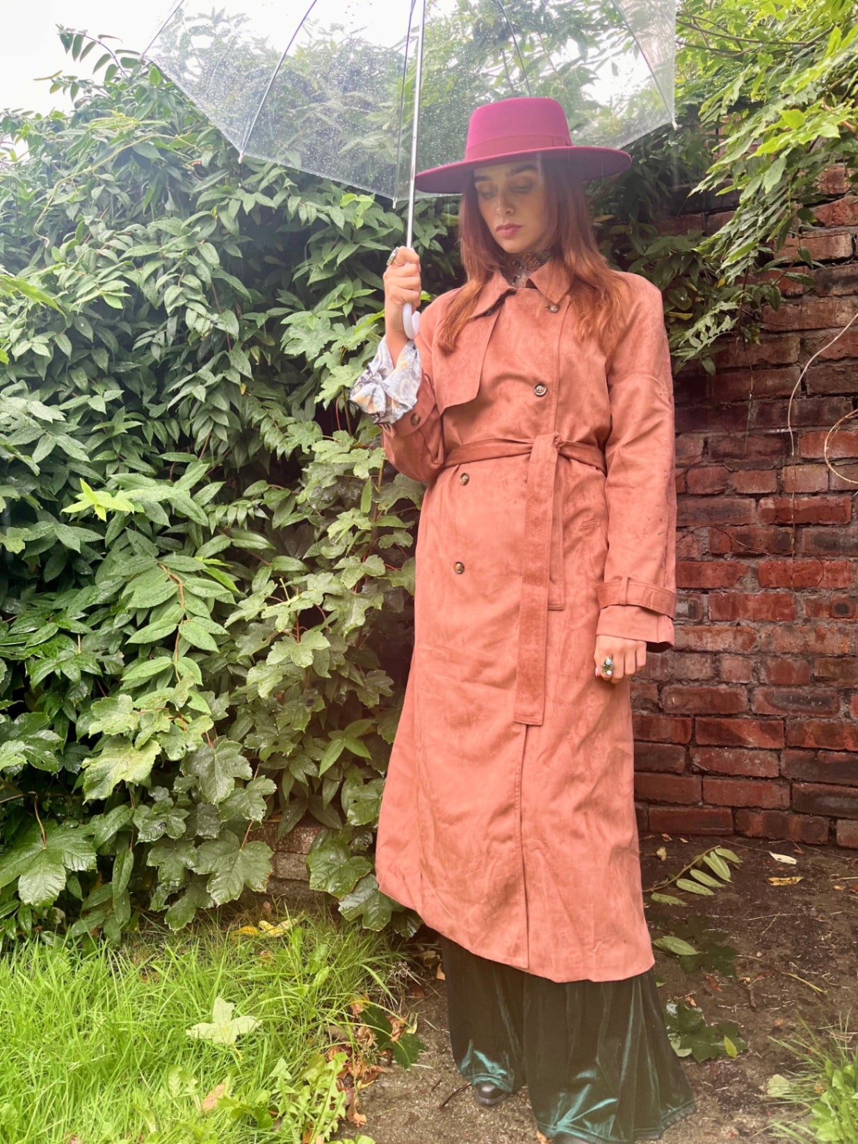 Dusky Rose Suedette Trench Coat 🌙 Size 16  Boho Luxe Longline