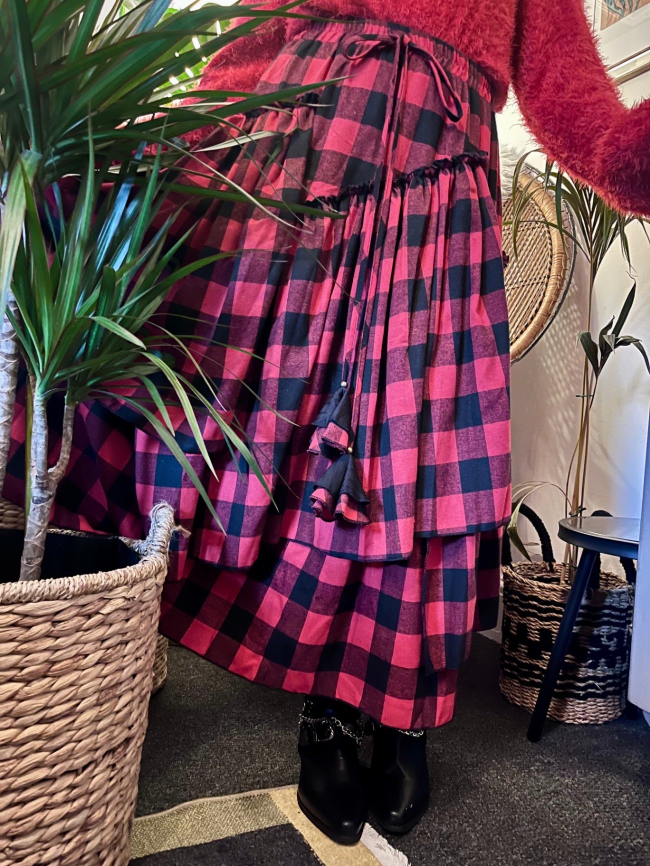 Scarlet Spell Tiered Maxi Skirt 🖤 Red & Black Check ONE SIZE