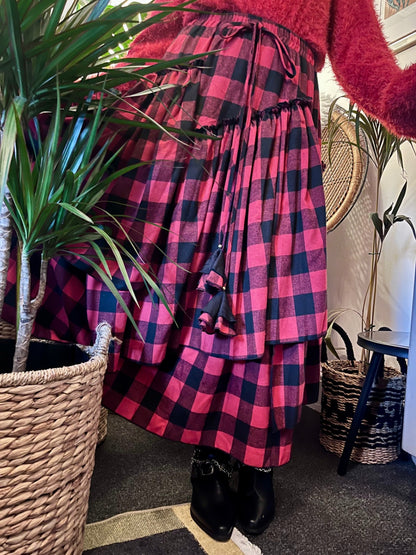 Scarlet Spell Tiered Maxi Skirt 🖤 Red & Black Check ONE SIZE