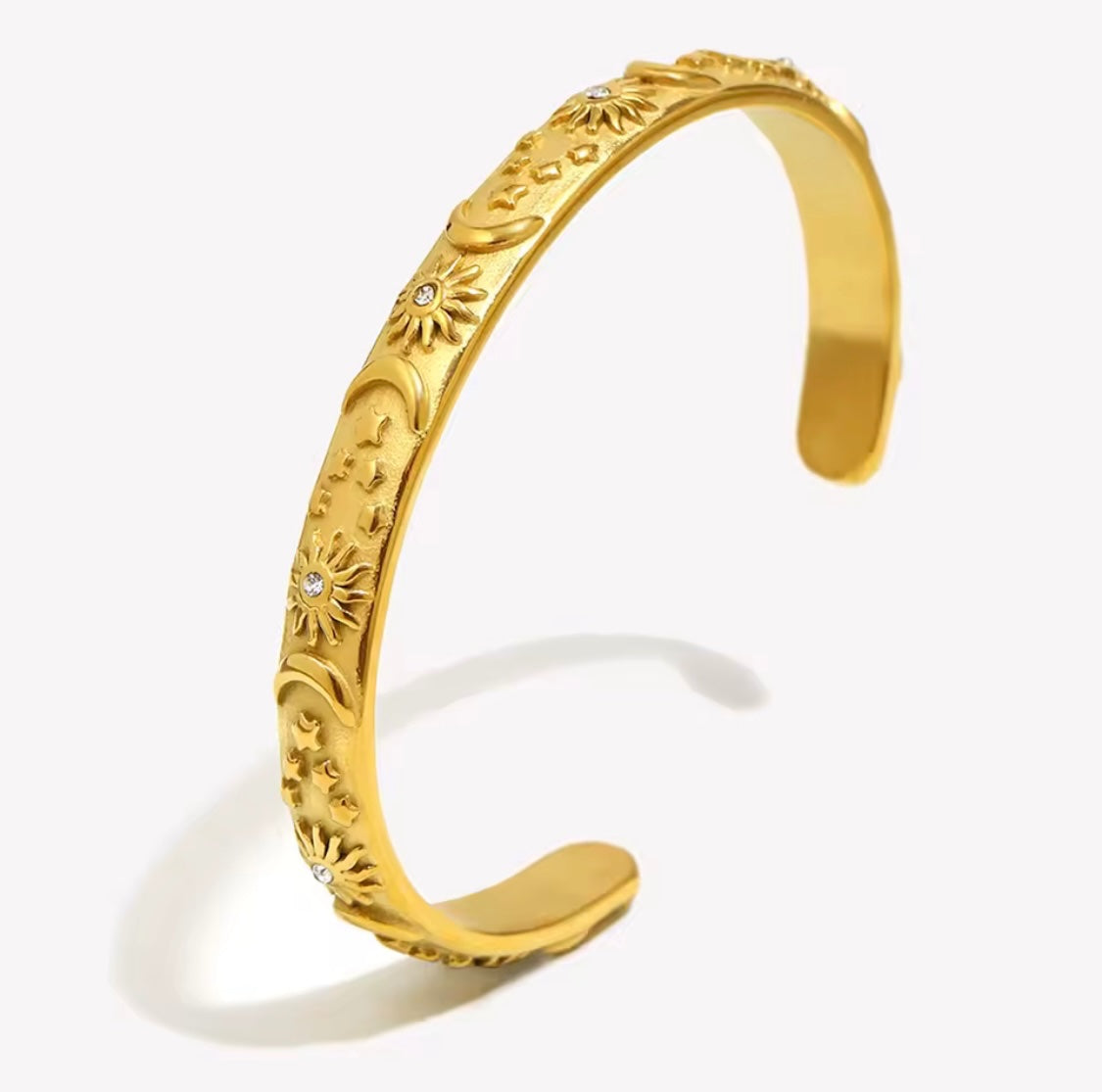 Solar Eclipse Cuff Bracelet – Gold Sun, Moon & Star Bangle