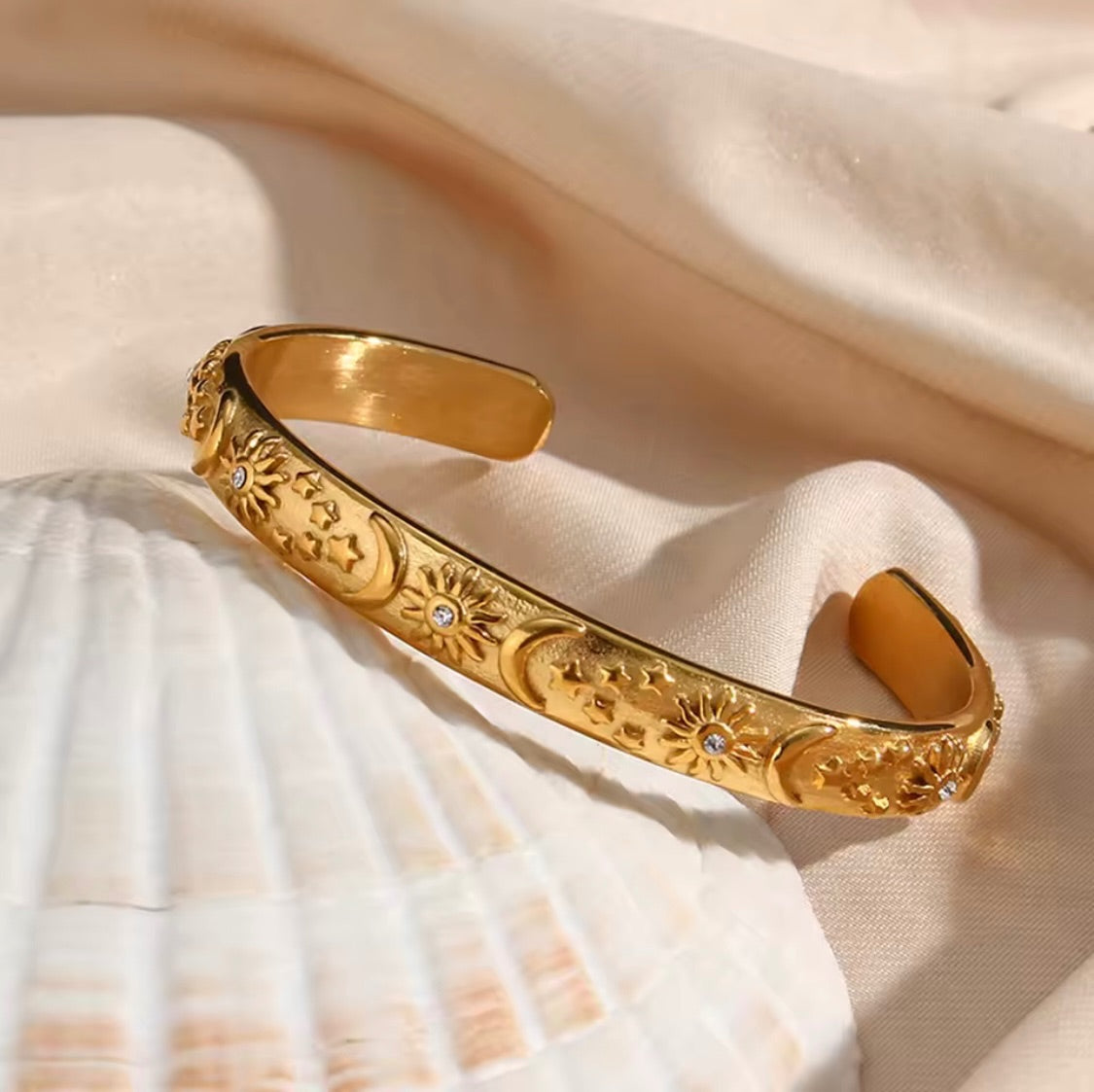 Solar Eclipse Cuff Bracelet – Gold Sun, Moon & Star Bangle