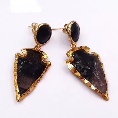 Obsidian Arrowhead Drop Earrings – Gold Protective Statement Jewelry