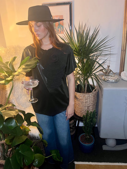 Midnight Bloom Black Glitter Tee with Black Detachable Flower Brooch One Size