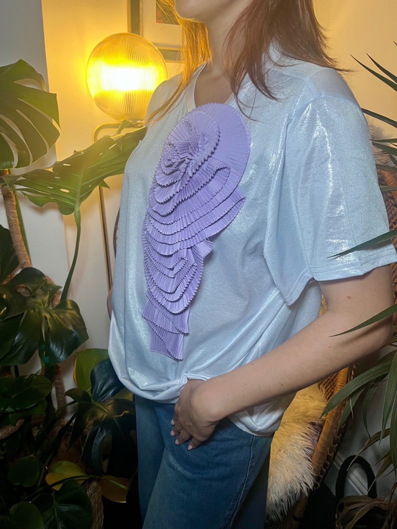 Lunar Bloom Silver Glitter Tee with Lilac Detachable Flower Brooch One Size