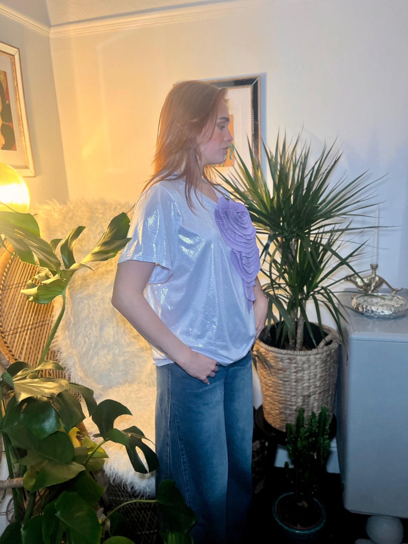 Lunar Bloom Silver Glitter Tee with Lilac Detachable Flower Brooch One Size