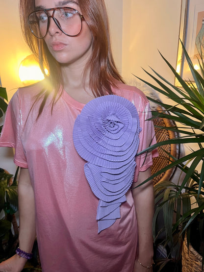 Celestial Bloom Pink Glitter Tee with Lilac Detachable Flower Brooch One Size 