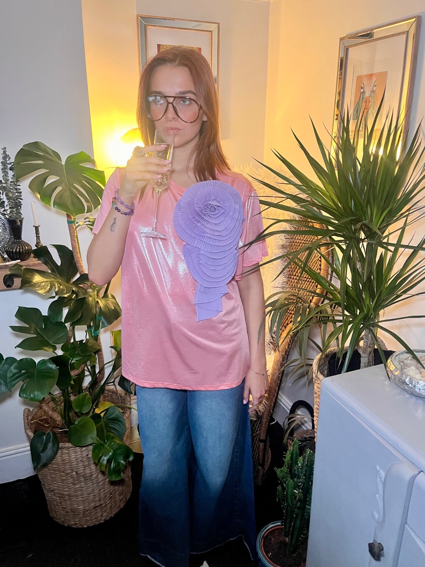 Celestial Bloom Pink Glitter Tee with Lilac Detachable Flower Brooch One Size 