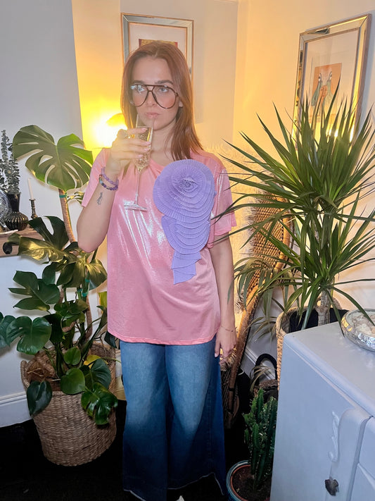 Celestial Bloom Pink Glitter Tee with Lilac Detachable Flower Brooch One Size 