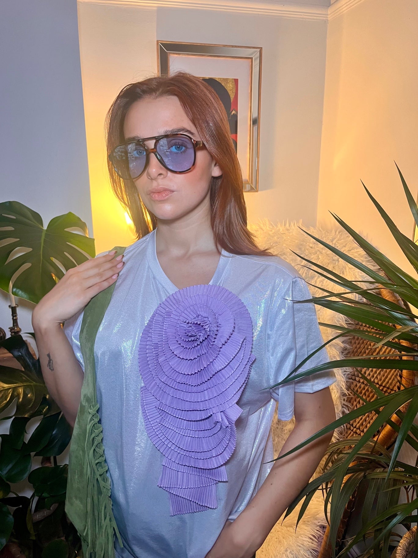 Lunar Bloom Silver Glitter Tee with Lilac Detachable Flower Brooch One Size
