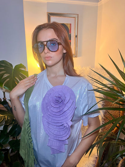 Lunar Bloom Silver Glitter Tee with Lilac Detachable Flower Brooch One Size