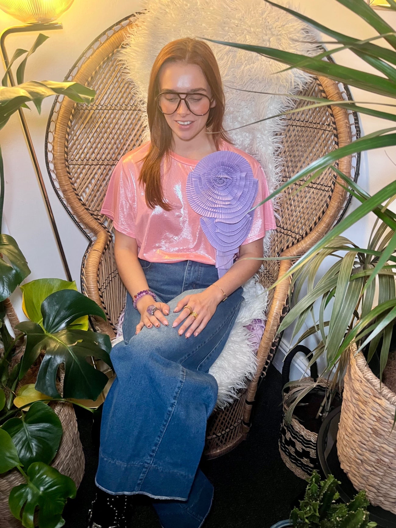 Celestial Bloom Pink Glitter Tee with Lilac Detachable Flower Brooch One Size 
