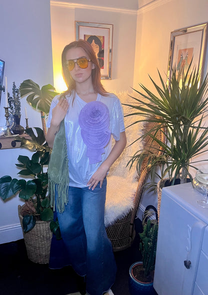Lunar Bloom Silver Glitter Tee with Lilac Detachable Flower Brooch One Size