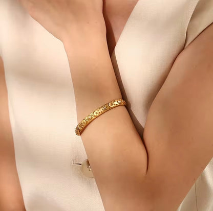 Solar Eclipse Cuff Bracelet – Gold Sun, Moon & Star Bangle