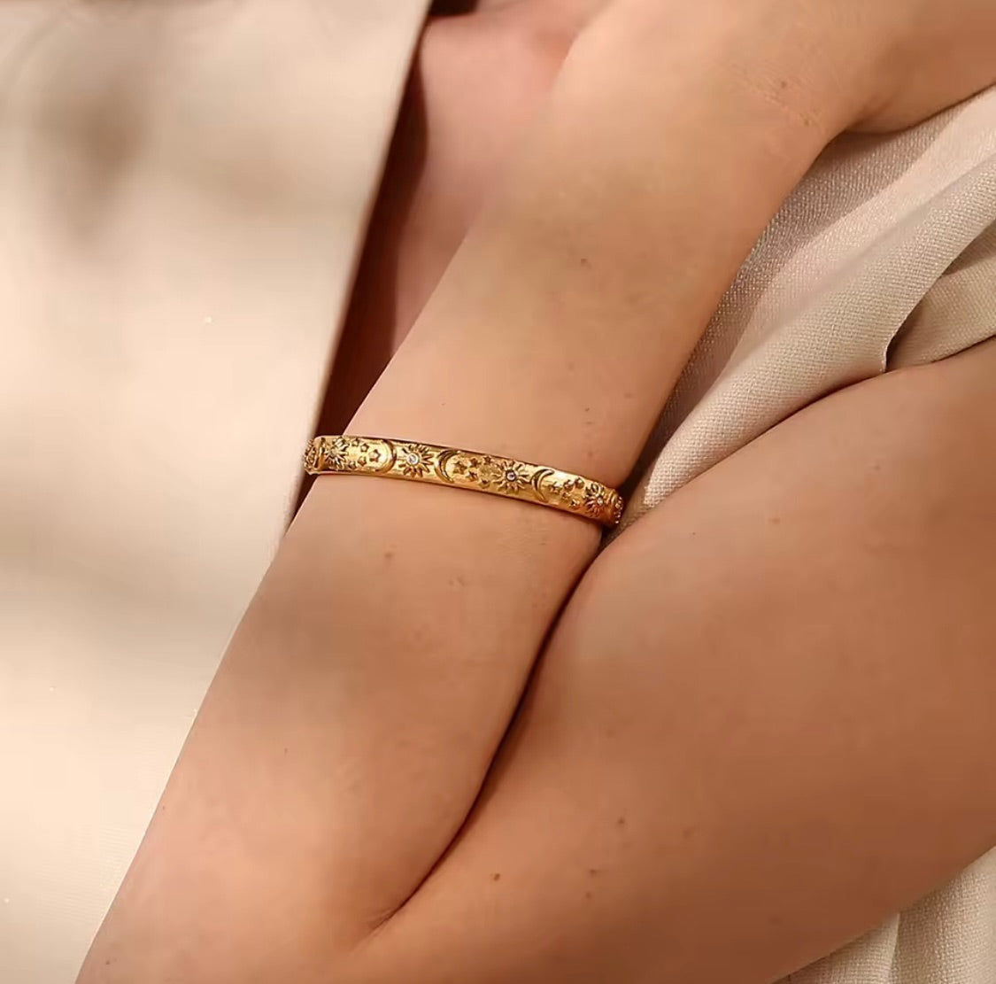 Solar Eclipse Cuff Bracelet – Gold Sun, Moon & Star Bangle