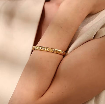 Solar Eclipse Cuff Bracelet – Gold Sun, Moon & Star Bangle