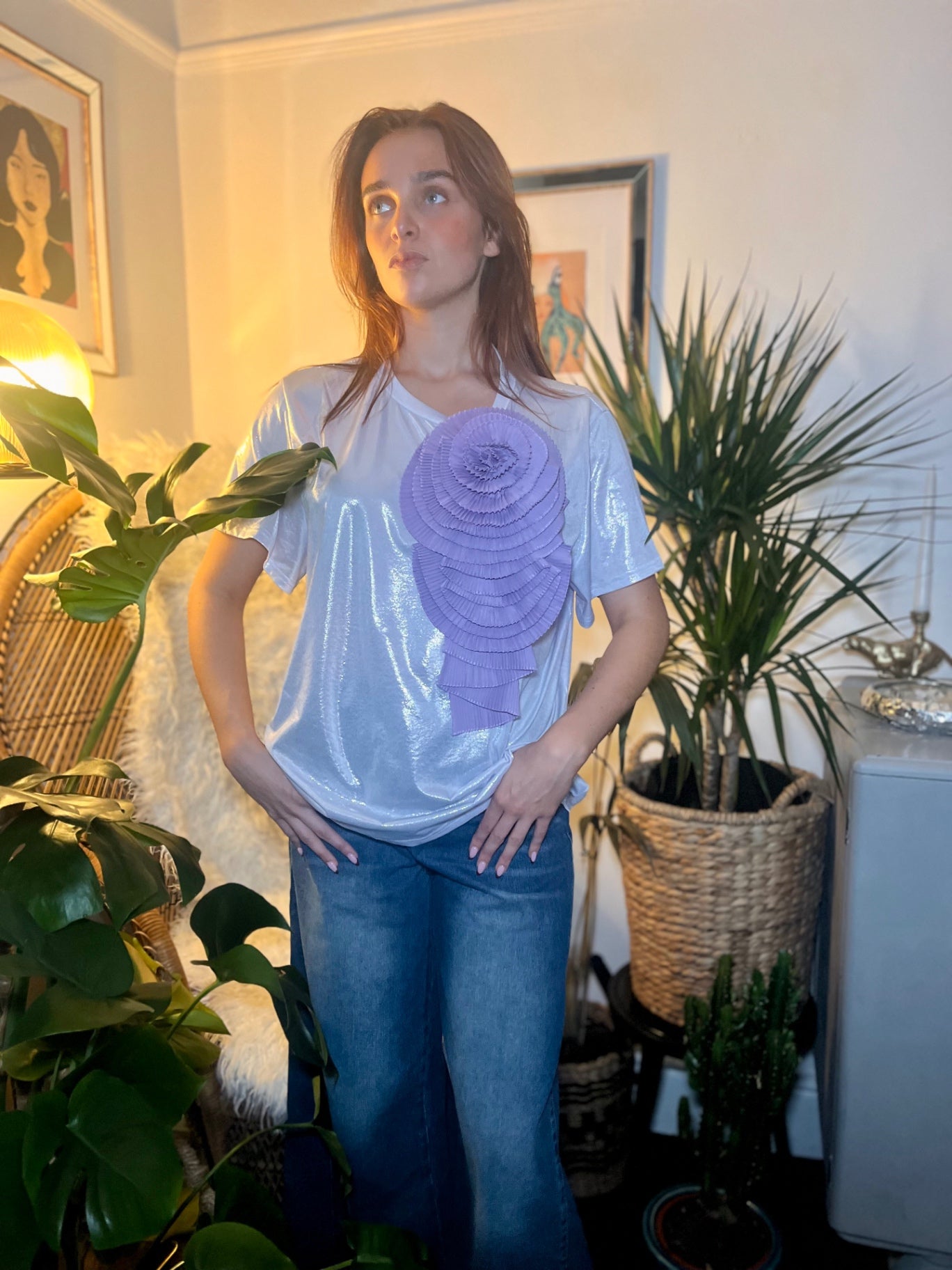 Lunar Bloom Silver Glitter Tee with Lilac Detachable Flower Brooch One Size
