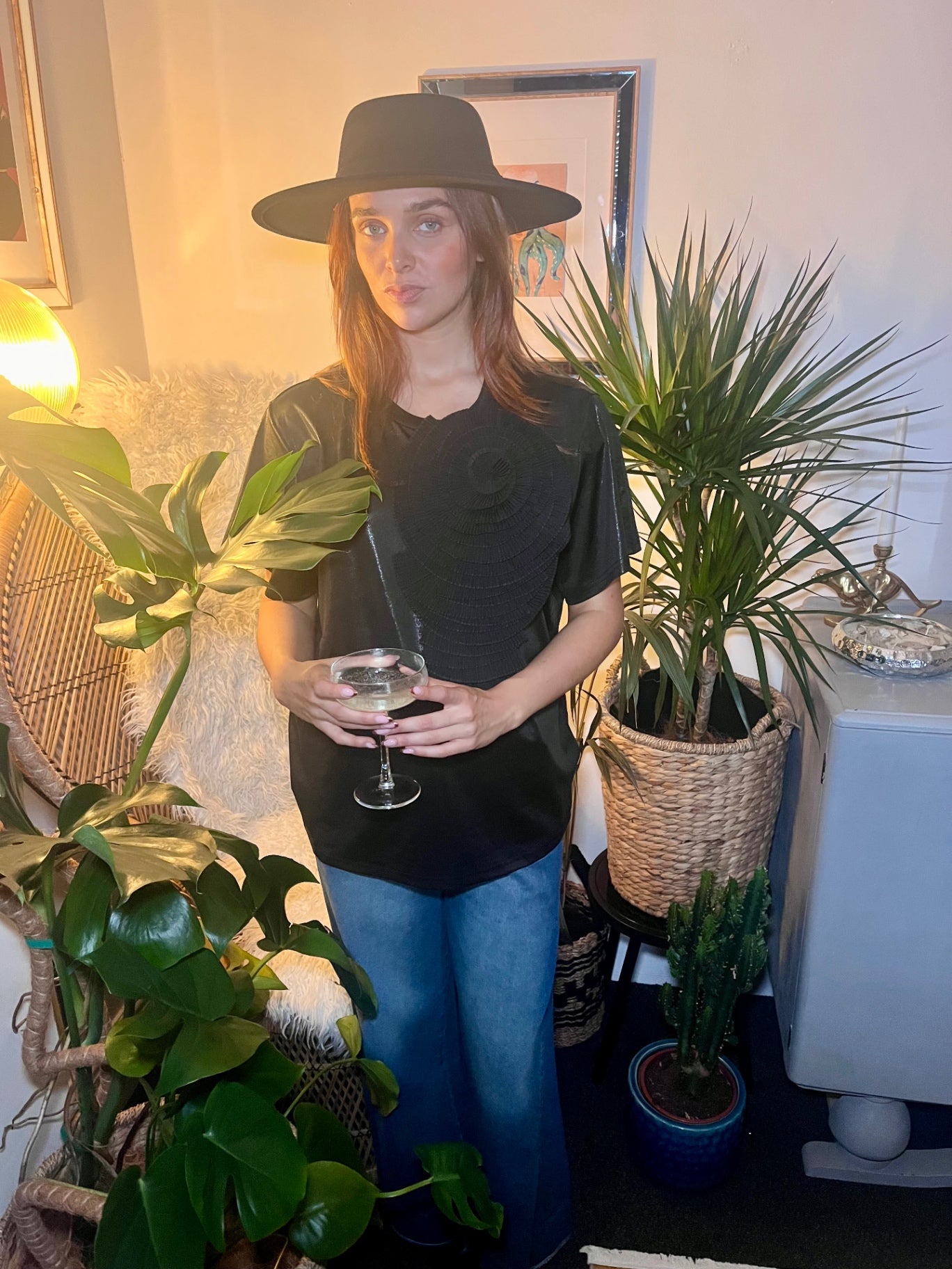 Midnight Bloom Black Glitter Tee with Black Detachable Flower Brooch One Size