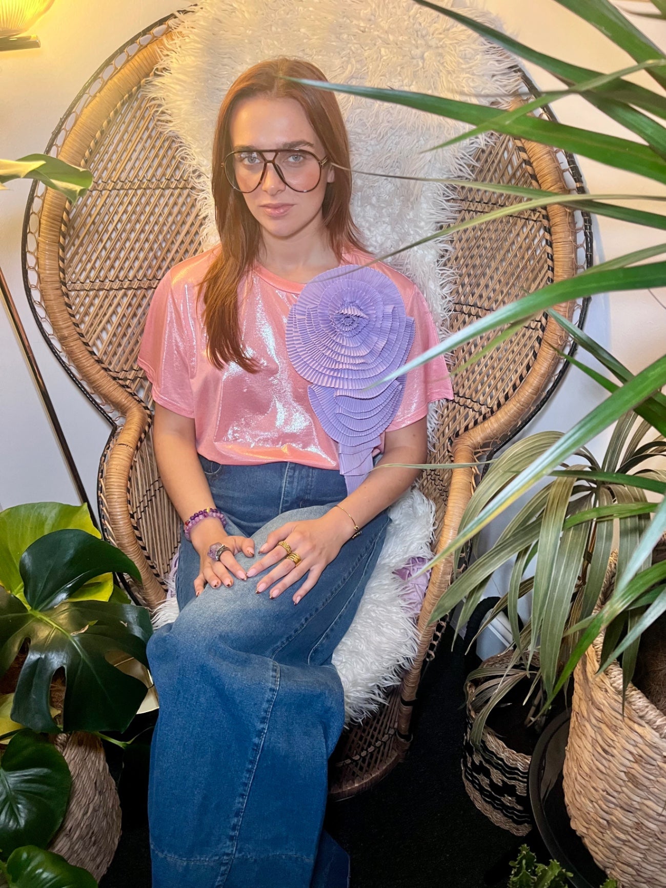 Celestial Bloom Pink Glitter Tee with Lilac Detachable Flower Brooch One Size 