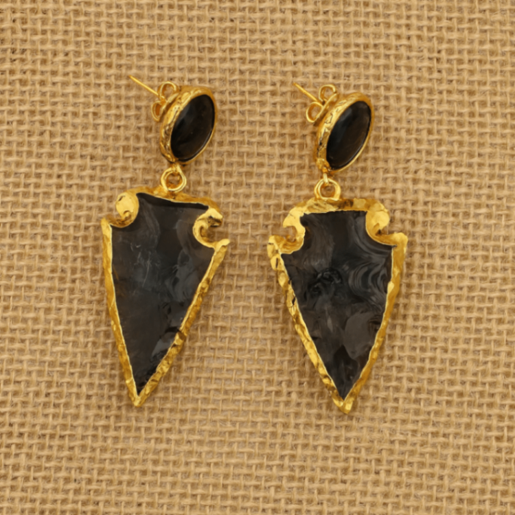 Obsidian Arrowhead Drop Earrings – Gold Protective Statement Jewelry