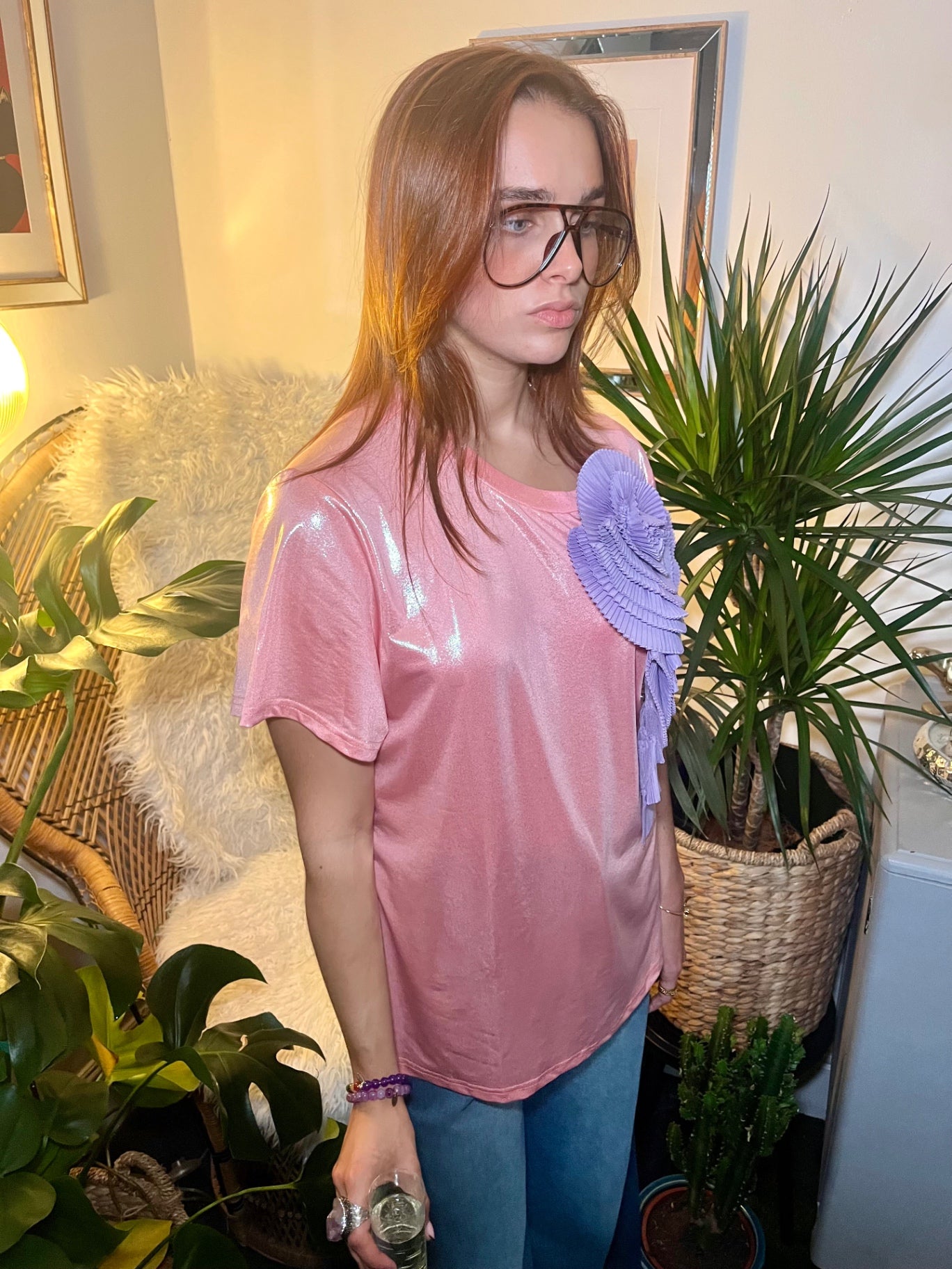 Celestial Bloom Pink Glitter Tee with Lilac Detachable Flower Brooch One Size 
