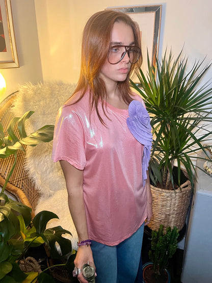 Celestial Bloom Pink Glitter Tee with Lilac Detachable Flower Brooch One Size 