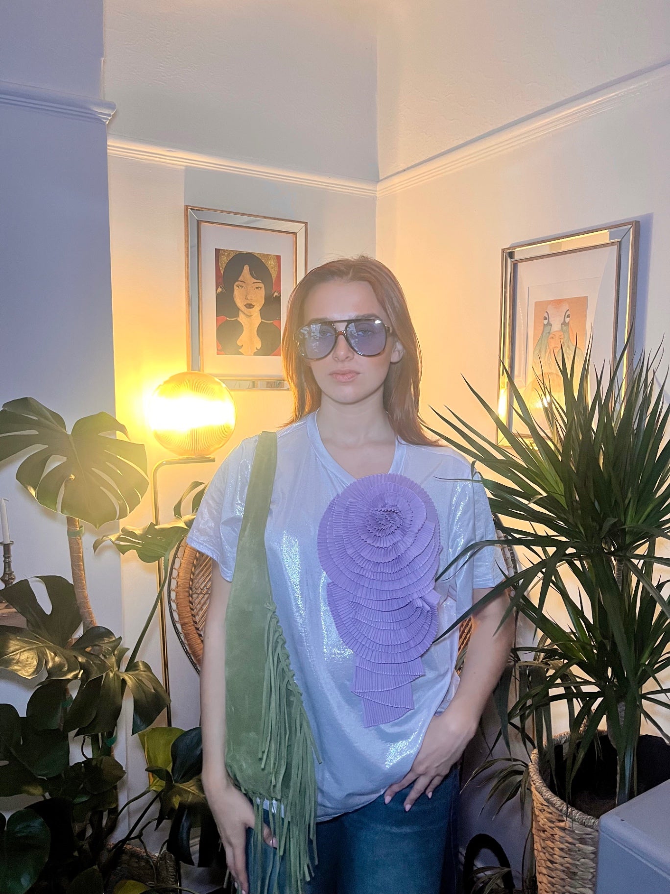 Lunar Bloom Silver Glitter Tee with Lilac Detachable Flower Brooch One Size