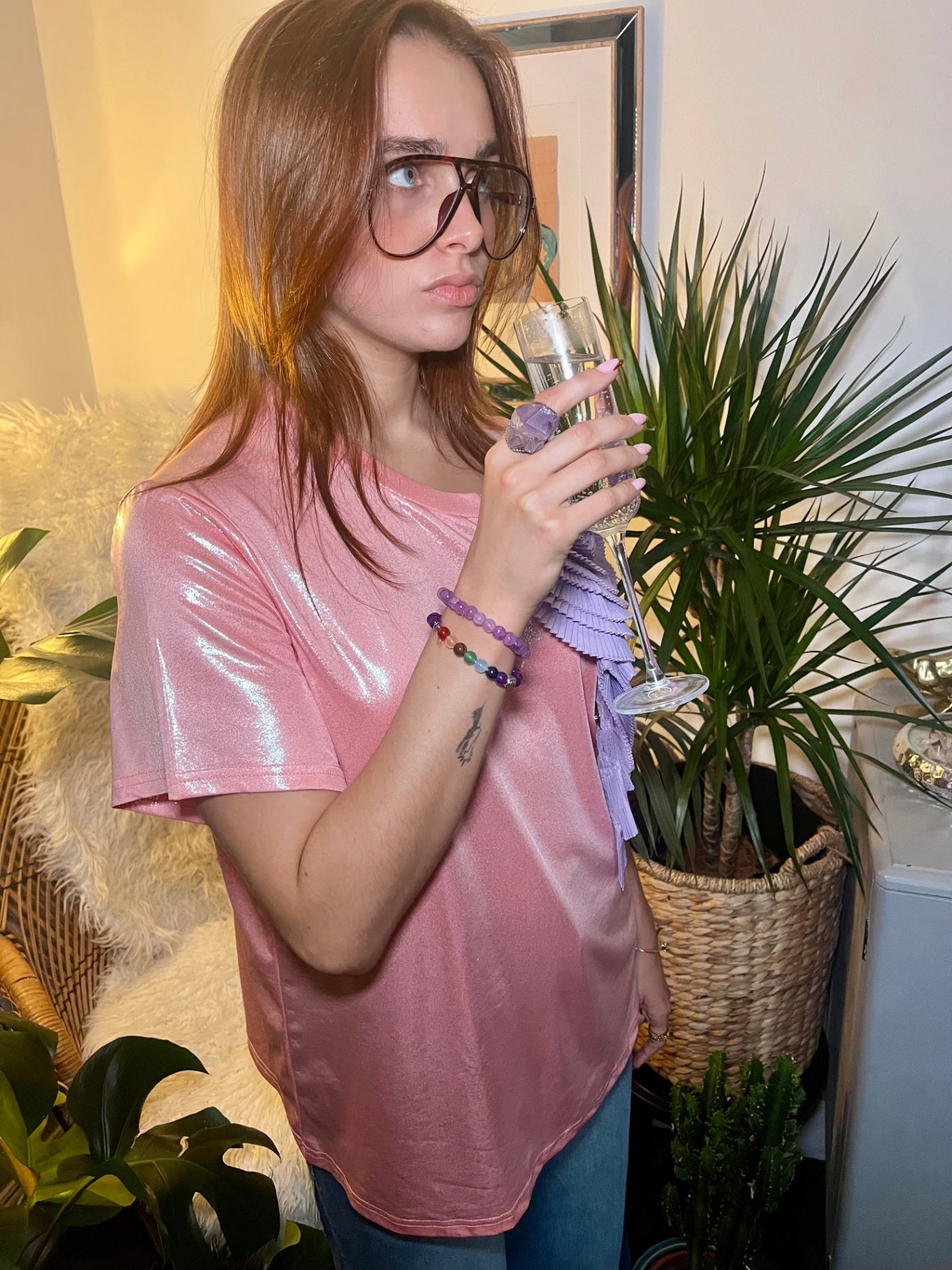 Celestial Bloom Pink Glitter Tee with Lilac Detachable Flower Brooch One Size 