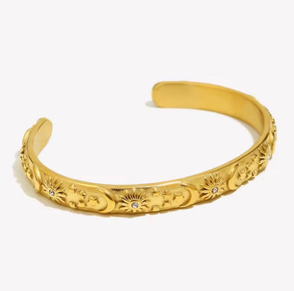 Solar Eclipse Cuff Bracelet – Gold Sun, Moon & Star Bangle