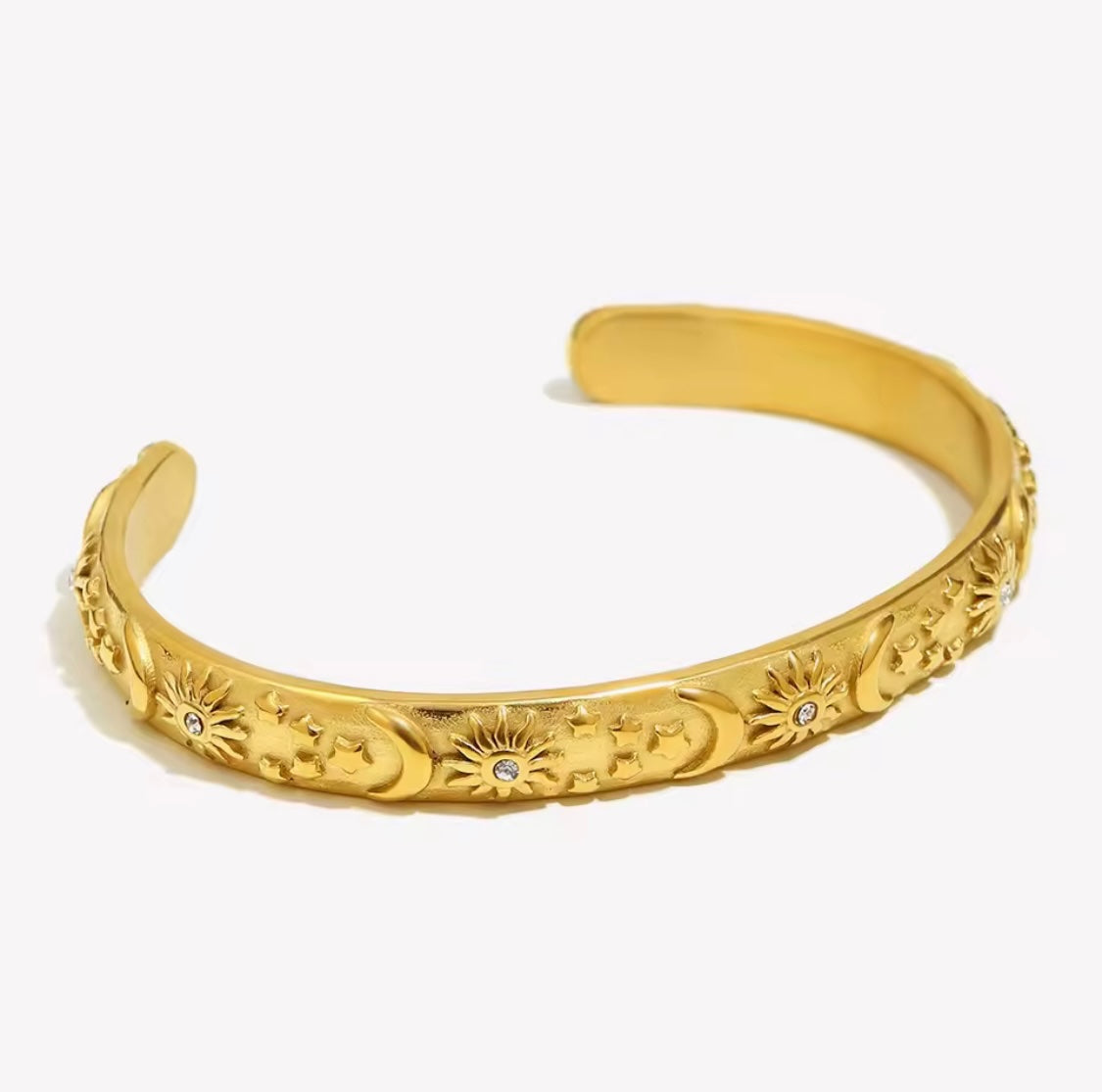 Solar Eclipse Cuff Bracelet – Gold Sun, Moon & Star Bangle