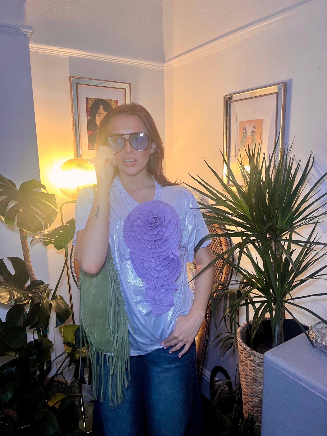Lunar Bloom Silver Glitter Tee with Lilac Detachable Flower Brooch One Size
