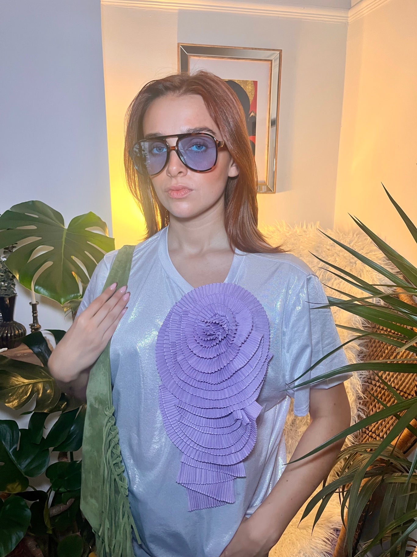 Lunar Bloom Silver Glitter Tee with Lilac Detachable Flower Brooch One Size