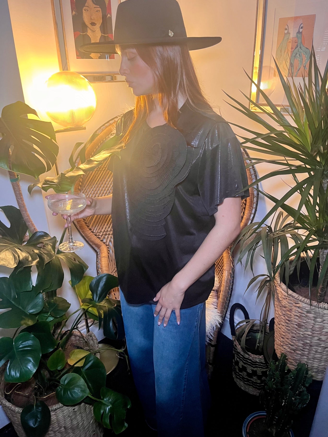 Midnight Bloom Black Glitter Tee with Black Detachable Flower Brooch One Size