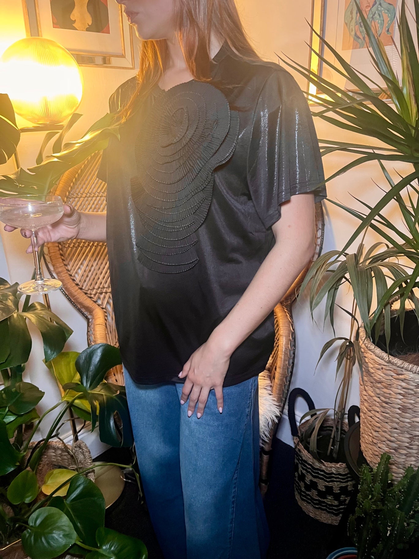 Midnight Bloom Black Glitter Tee with Black Detachable Flower Brooch One Size