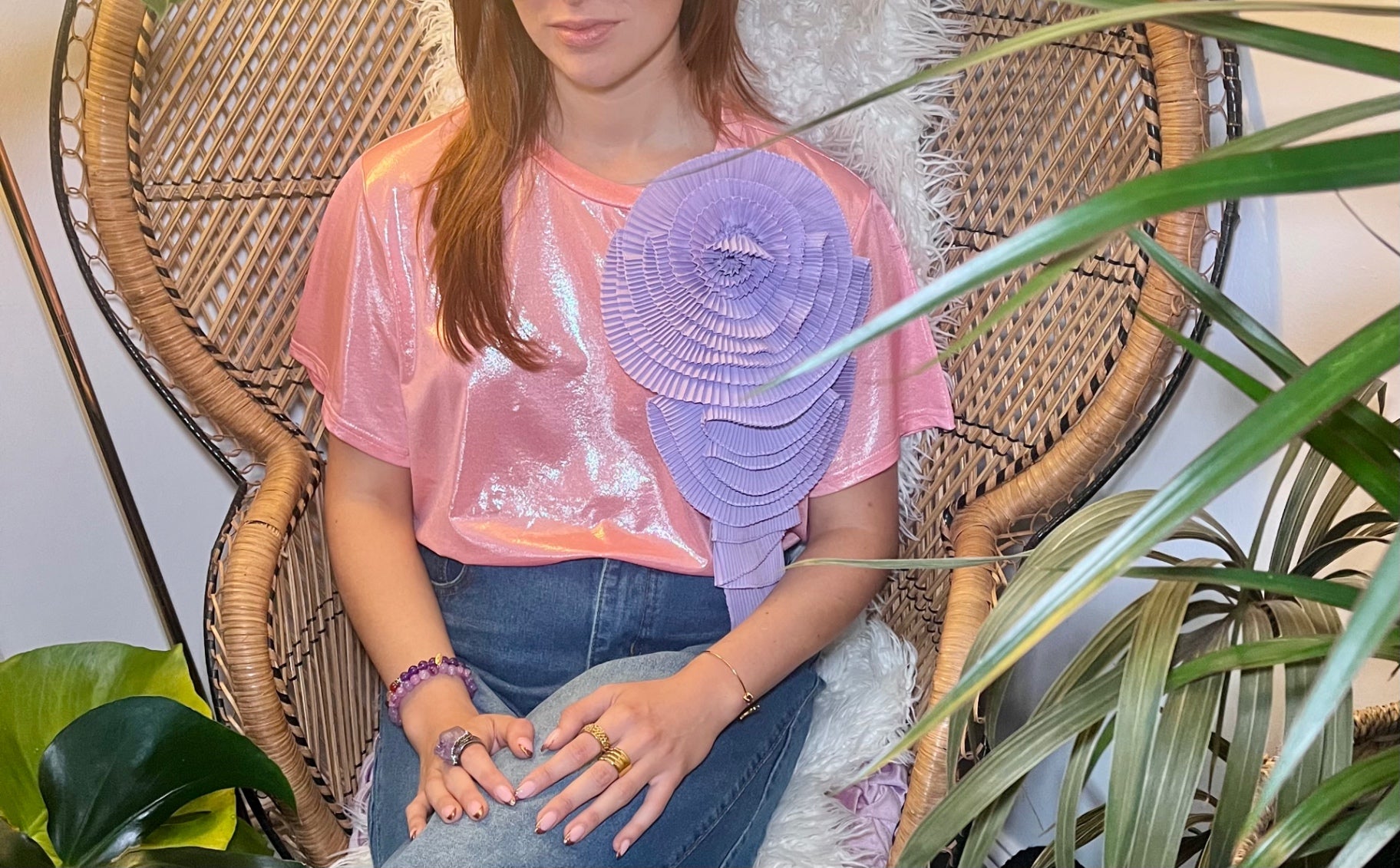 Celestial Bloom Pink Glitter Tee with Lilac Detachable Flower Brooch One Size 