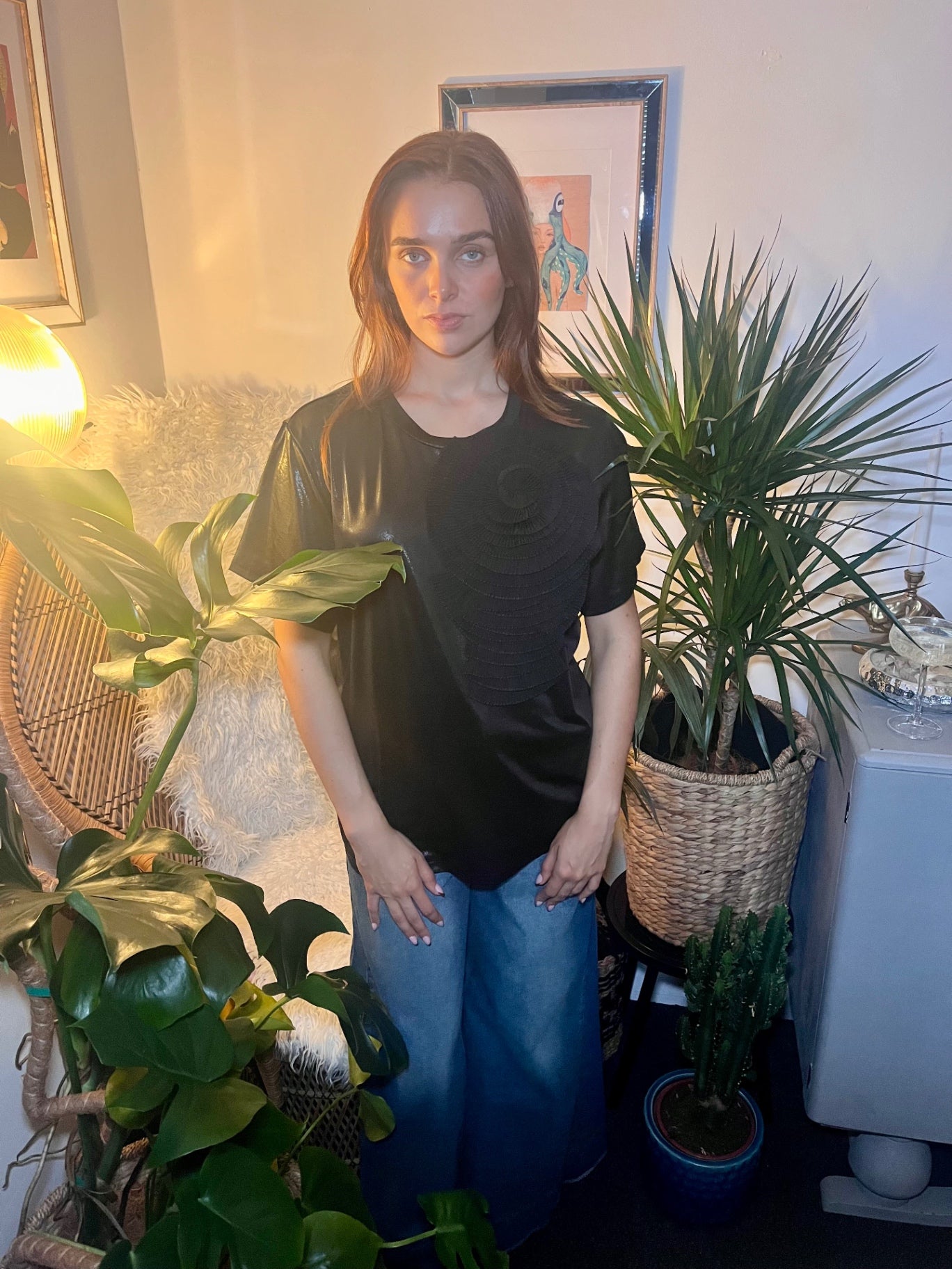Midnight Bloom Black Glitter Tee with Black Detachable Flower Brooch One Size