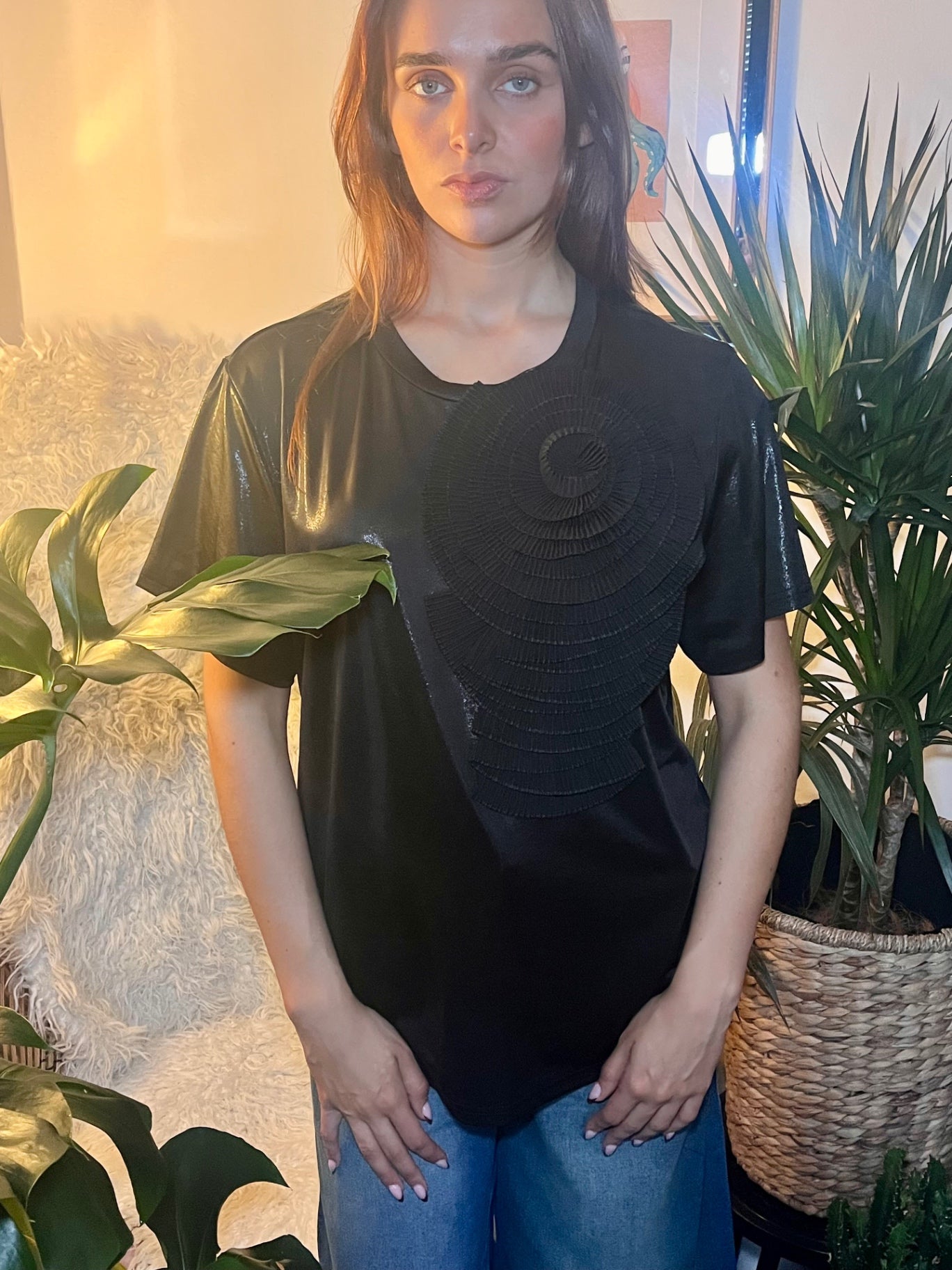 Midnight Bloom Black Glitter Tee with Black Detachable Flower Brooch One Size