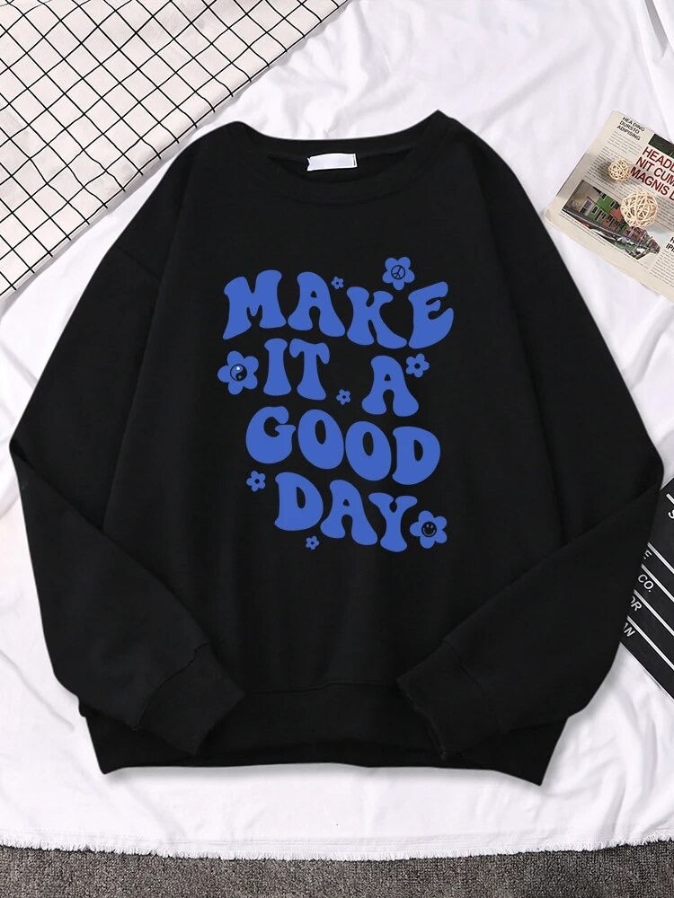 Make It A Good Day Retro Sweatshirt – Black & Blue One size 