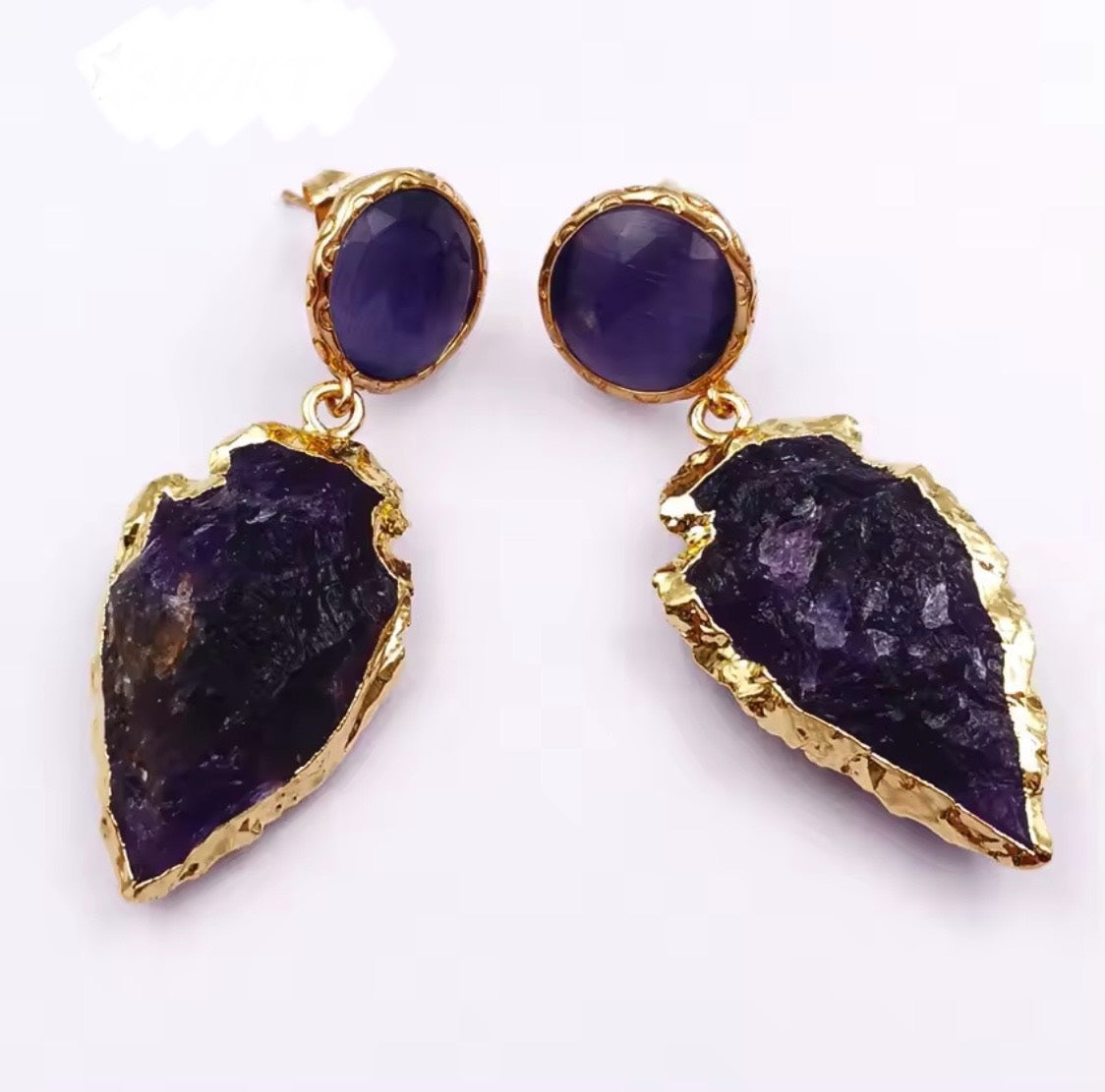 Amethyst Arrowhead Drop Earrings – Gold Edge Statement Crystal