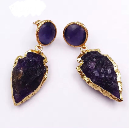 Amethyst Arrowhead Drop Earrings – Gold Edge Statement Crystal